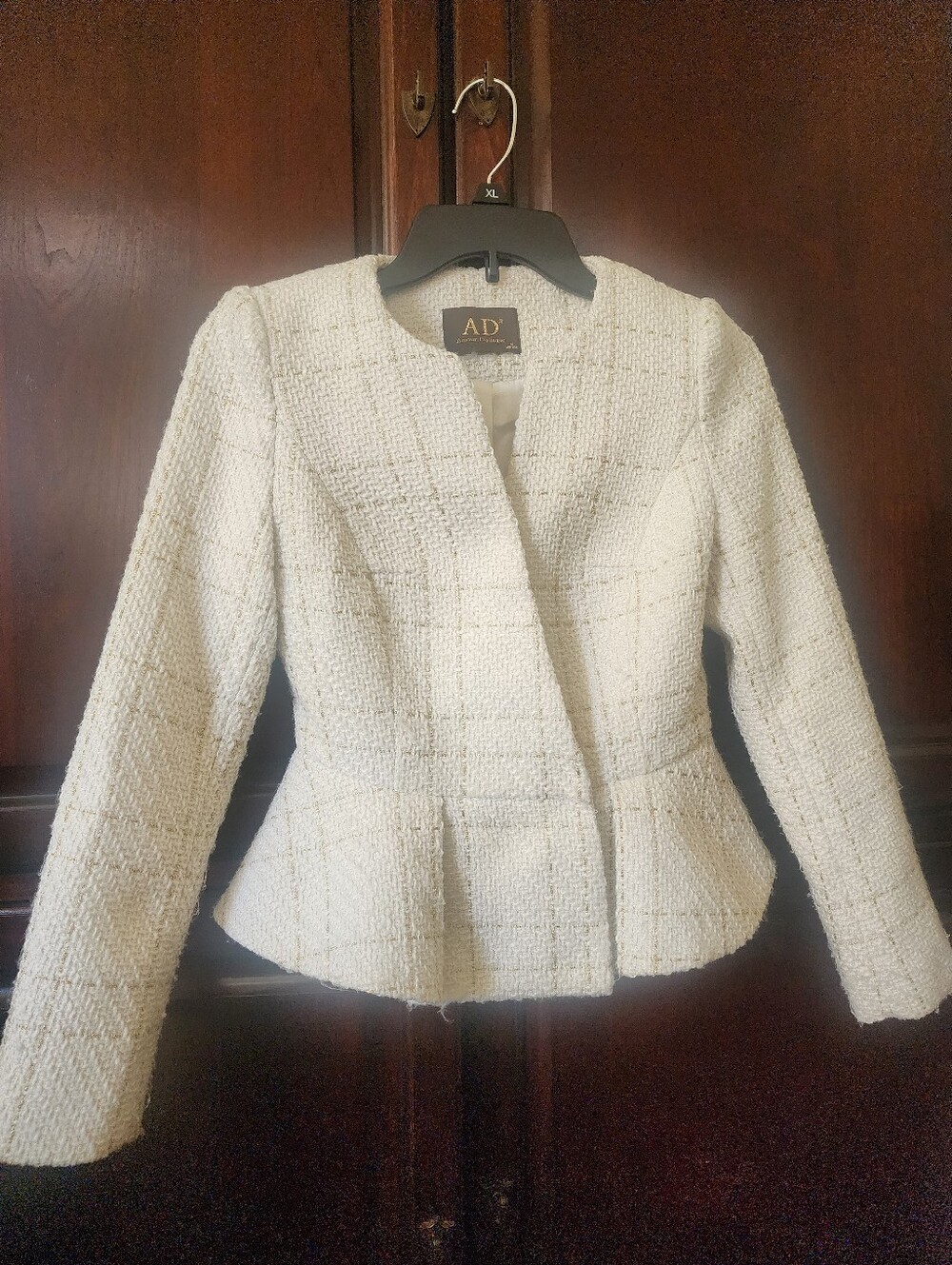 M Cream Tweed Bouclé Peplum Jacket With Gold Detail By AD